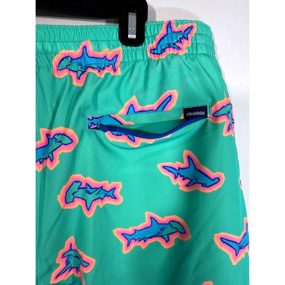 Chubbies Swim Trunks Teal Blue Pink Shark Print Drawstring Pockets Mens XXL NWOT